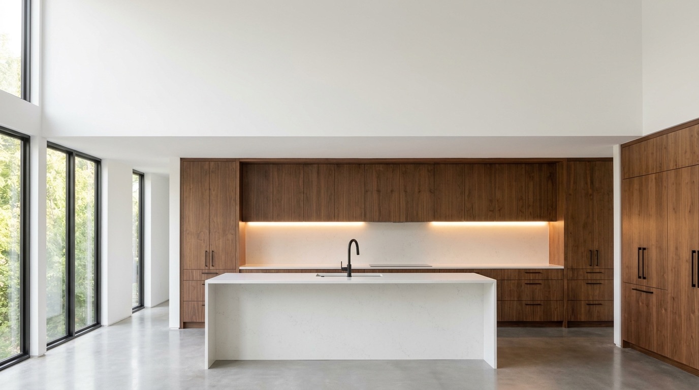 Walnut kitchen with a white quartz waterfall island
