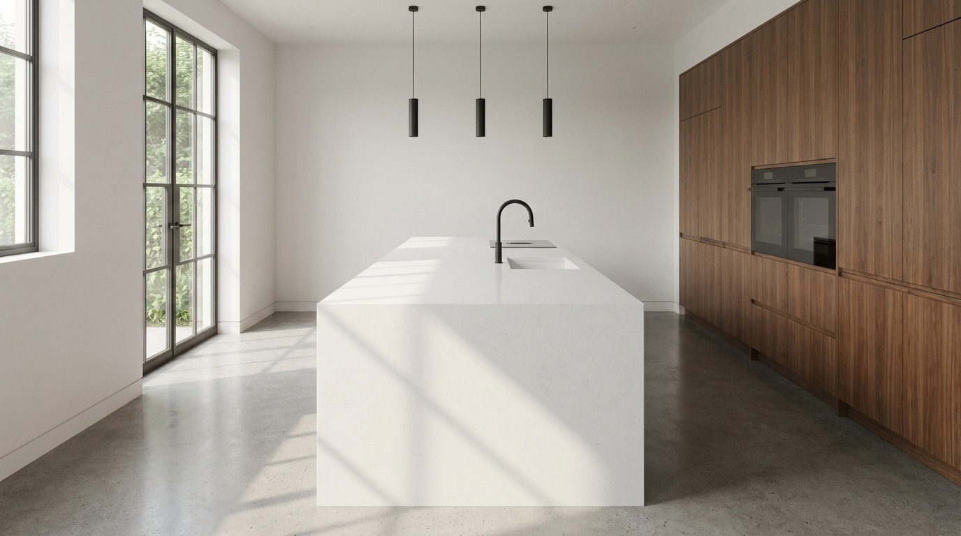 Kitchen island under three black pendants