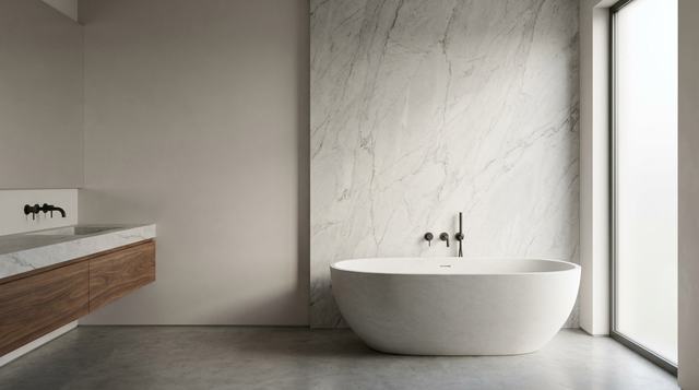 A stone and walnut primary bathroom